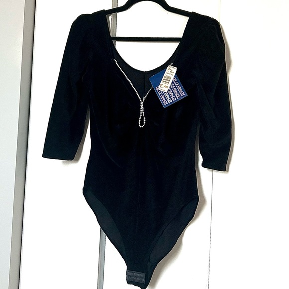 Vintage NOS Lily of France Black Velvet Bodysuit Pearl Detail Neckline w/ Tags L - Picture 1 of 10